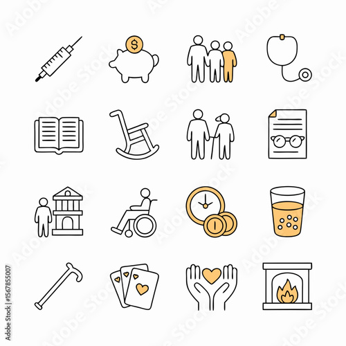 Grandfather clock vector icons for elderly care and retirement, suitable for illustrations, infographics, and presentations about senior living.