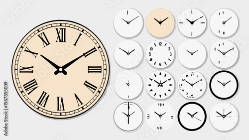 Grandfather clock vector with different clock face designs for vintagethemed projects. Perfect for watchmaking, interior design, or historical illustrations.