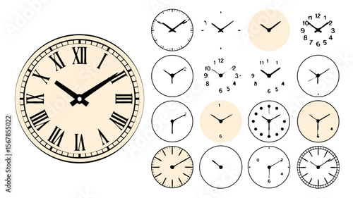 Grandfather clock vector with different clock face designs for vintagethemed projects. Perfect for watchmaking, interior design, or historical illustrations.