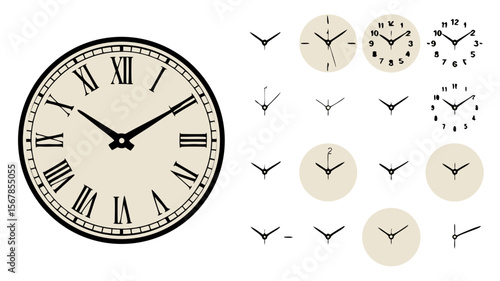 Grandfather clock vector with different clock face designs for vintagethemed projects. Perfect for watchmaking, interior design, or historical illustrations.
