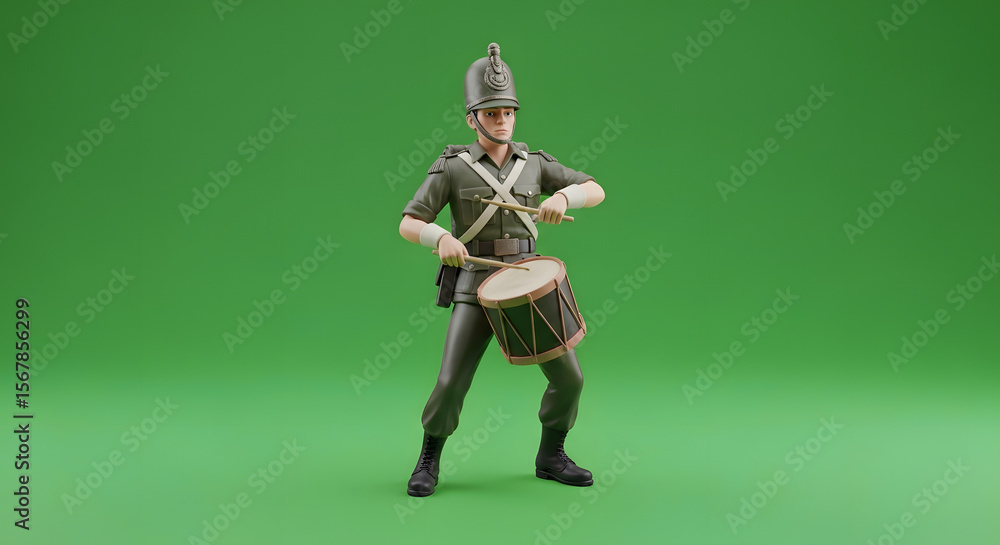 Fototapeta premium Toy Soldier Playing Drum on Green Background