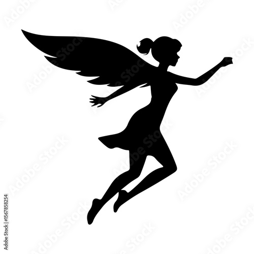 Silhouette of a winged fairy gracefully soaring through the air with elegance