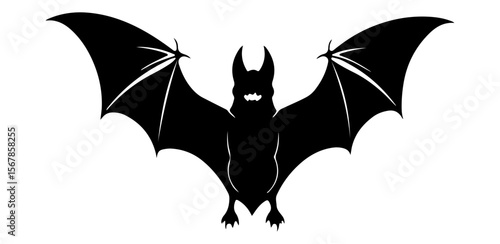 A striking black bat silhouette with outstretched wings against a white background