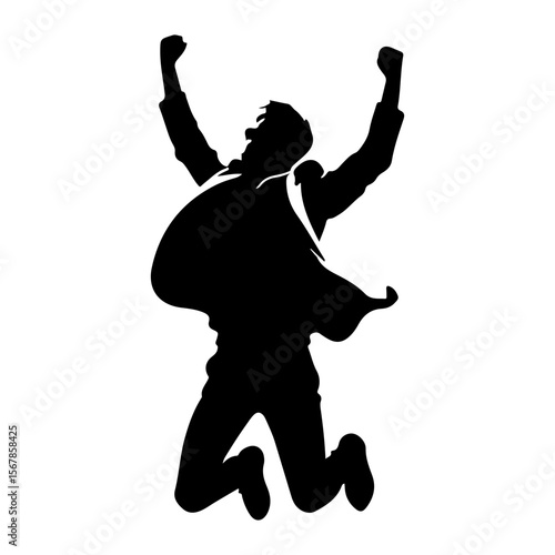 Silhouette of a triumphant man jumping with joy and raising his arms