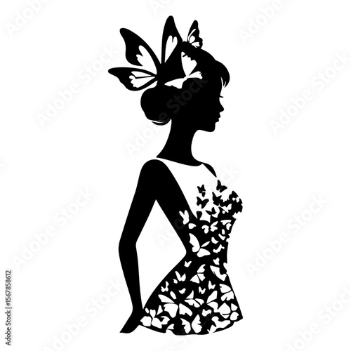 Silhouette of a woman with butterfly accents and ethereal dress design