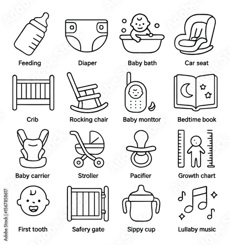Parenting essentials collection, baby care and nursery icons. childcare and infant needs set