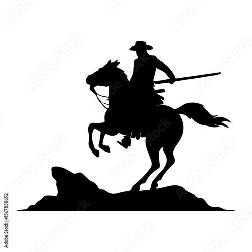 Silhouette of a Horseman on a Rearing Horse Standing Atop a Hill