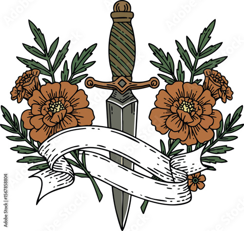 Decorative vintage dagger with orange flowers and green leaves vector illustration design 