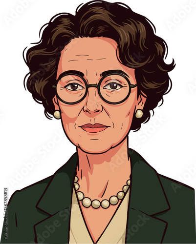 Mature woman with glasses and pearl necklace vector portrait illustration 
