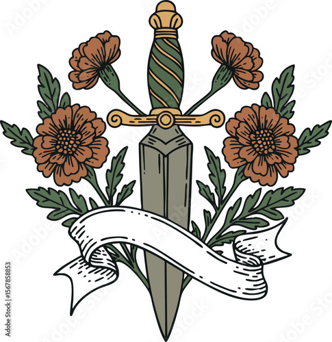 Sword with orange flowers and green leaves vintage style vector illustration with blank ribbon banner 