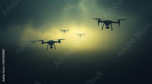 Drone Swarm with Foggy Sky, and Flight.