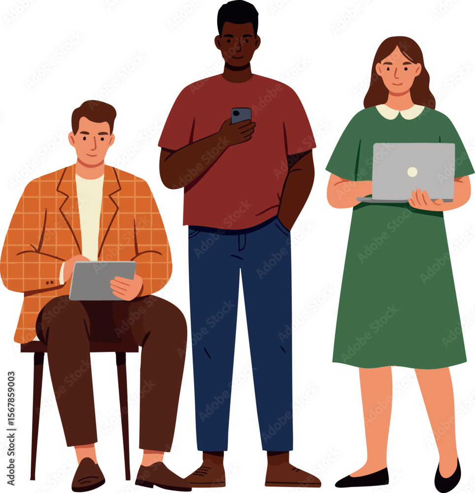 Fototapeta premium Diverse young adults using digital devices for communication and work in casual clothing vector illustration 