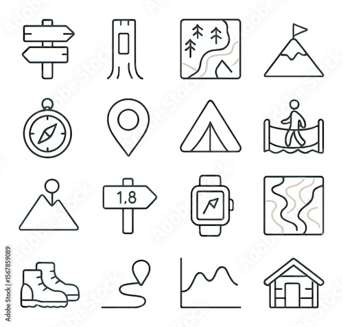 Hiking trail icon collection, trekking adventure symbols. outdoor and nature exploring set