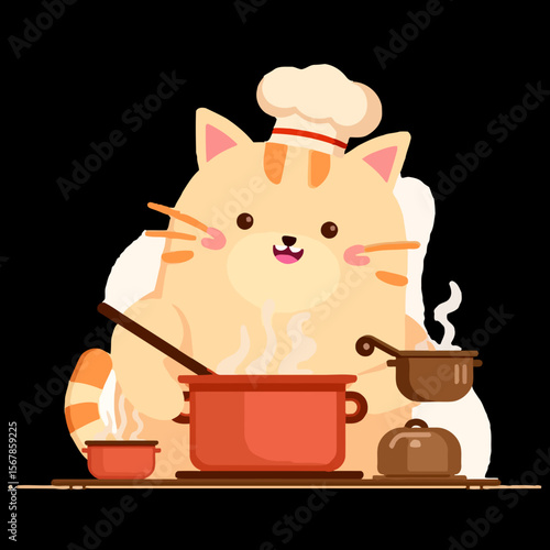 Adorable Chef Cat Cooking Delicious Meal Cute Cartoon Illustration