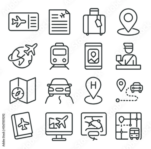 Travel and navigation icon collection, journey symbols. adventure and trip planning set