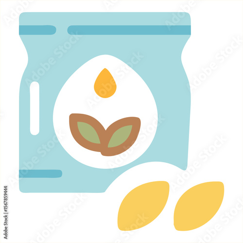 Stylized flat icon of a seed packet with a sprouting seed and a drop of liquid symbolizing growth and natural products