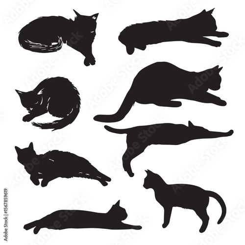 set of silhouettes of cats laying down