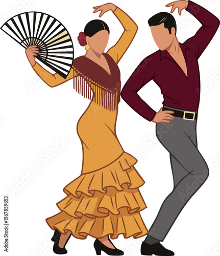 Flamenco dancers performing traditional Spanish dance with fan and colorful costumes vector illustration 