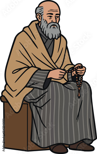 Elderly man sitting holding prayer beads wearing striped robe and brown shawl vector illustration 