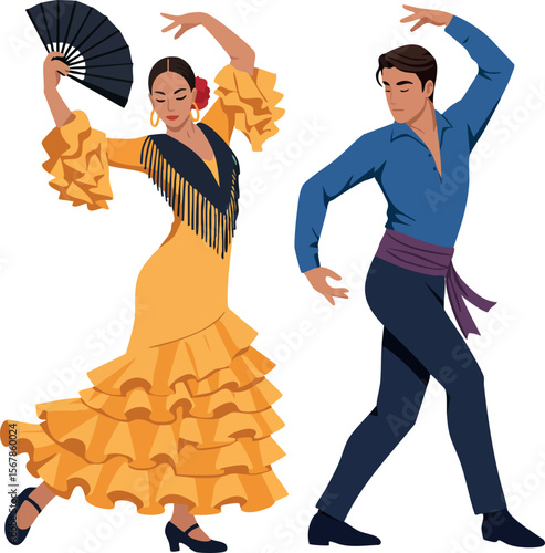 Flamenco dancers performing traditional Spanish dance in vibrant costumes vector illustration 