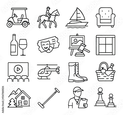 Luxury leisure icons collection, elegant relaxation and hobby symbols for lifestyle design