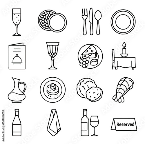 Gourmet dining collection, elegant culinary icons. food, drink, and restaurant symbols