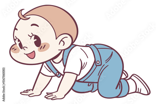 Vector cute Baby Boy cartoon character, with a sweet, innocent smile and rosy cheeks, wearing a white t-shirt and blue overalls, crawling happily, in a classic, charming style, isolated on white backg