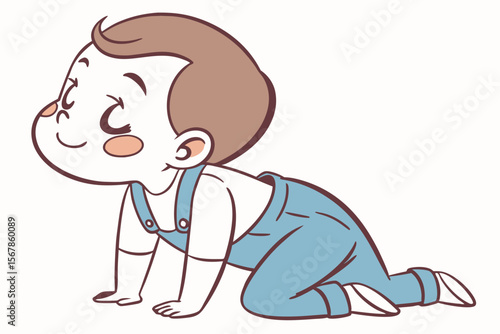 Vector cute Baby Boy cartoon character, with a sweet, innocent smile and rosy cheeks, wearing a white t-shirt and blue overalls, crawling happily, in a classic, charming style, isolated on white backg