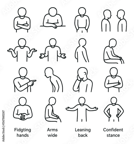 Body language icon collection, nonverbal communication symbols. gesture and posture set