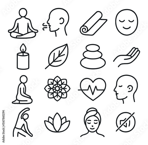 Mindfulness icons collection, meditation and relaxation symbols. wellness design set