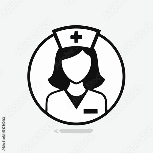 A black and white icon of a nurse with a cap and scrubs inside of a circle