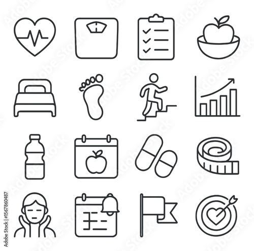 Health tracker icon collection, fitness and wellness symbols. exercise and diet set