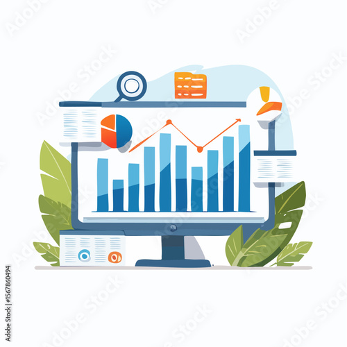 A computer monitor displaying a chart with statistical data and graphs