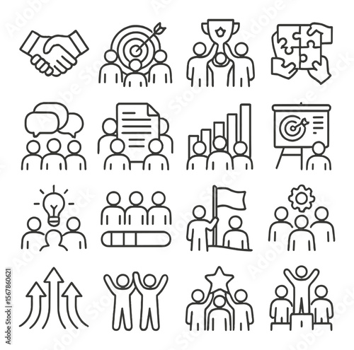 Teamwork and collaboration collection, business synergy icons. cooperation and unity set