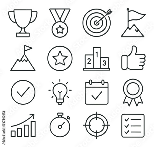 Goals and achievements collection, success and motivation icons. progress and rewards set