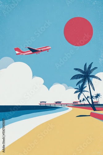 Bright summer vacation vibes with beach, palm trees, and airplane overhead Generative AI