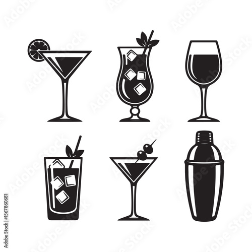 Black and White Cocktail Icons Martini Glass Hurricane Glass Wine Glass Highball Glass Cocktail Shaker