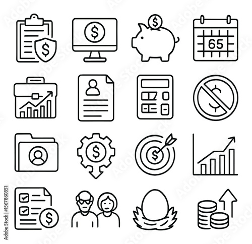 Retirement planning collection, finance and savings icons. pension and investment set