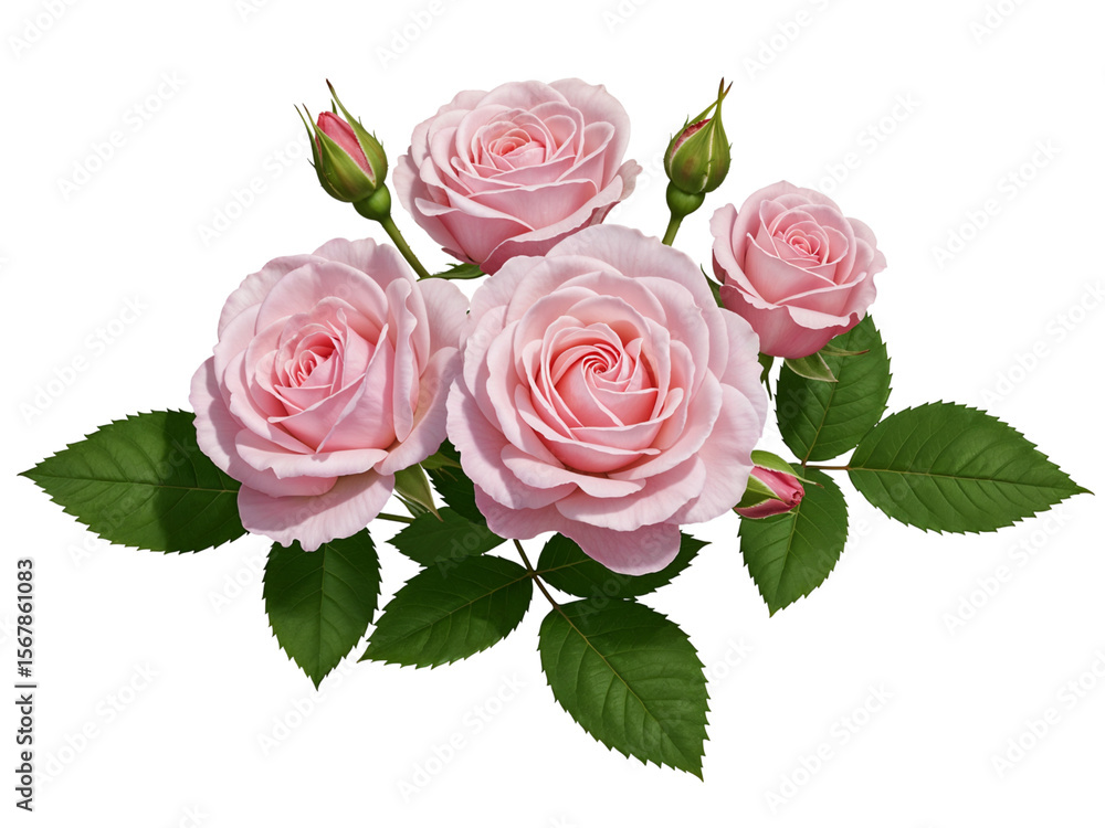 Naklejka premium A delicate bouquet of pink roses and buds with green leaves isolated on transparent background