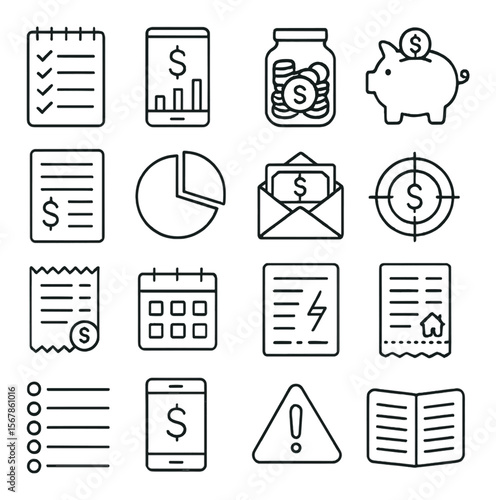 Personal budget collection, finance and money management icons. expense tracking set