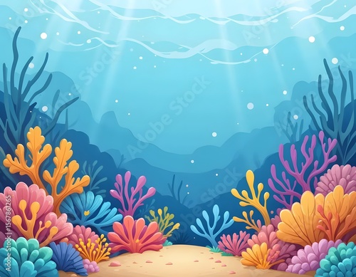 Fototapeta Naklejka Na Ścianę i Meble -  Illustration of a vibrant underwater scene with coral reefs and sunlight filtering through the water