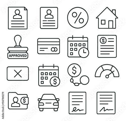 Loan and credit collection, financial symbols. banking, borrowing, and payment icons set