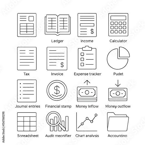 Accounting icon collection, finance and bookkeeping symbols. income and tax management set