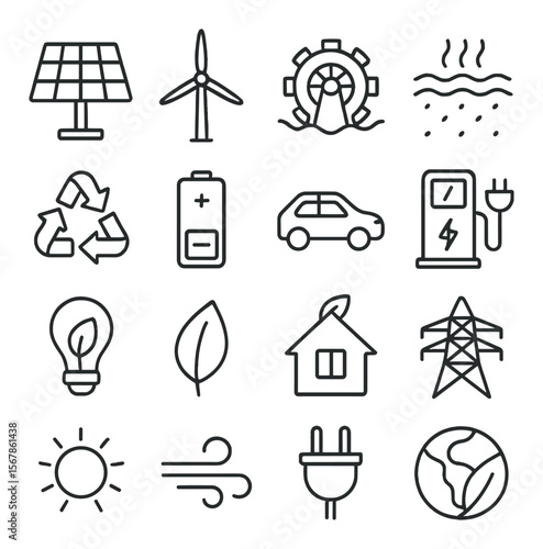 Renewable energy collection, eco-friendly power symbols. sustainable energy source set