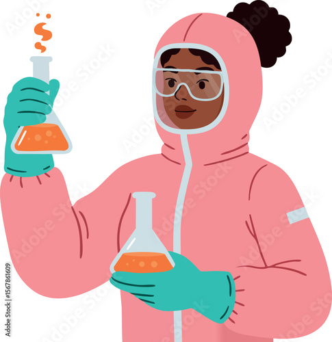 Female scientist in pink hazmat suit holding chemical flasks with orange liquid in laboratory 