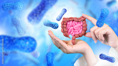 Foto Hands hold anatomical model of human intestines with floating probiotics and bacteria in background