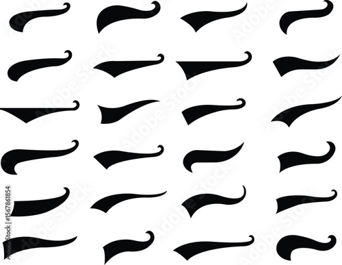 Swoosh and swashes tails vector flat set, decorative calligraphy stroke and flourish icon collection, elegant graphic group of handwritten ornaments, elements for typography, wedding, and invitations