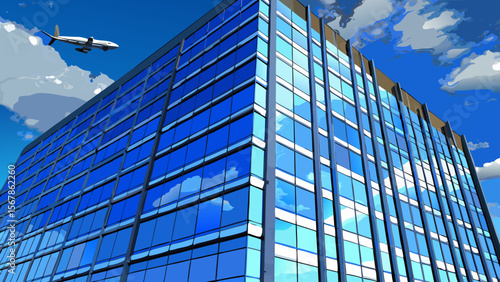 Modern blue glass office skyscraper reflecting the city and clouds against a clear sky