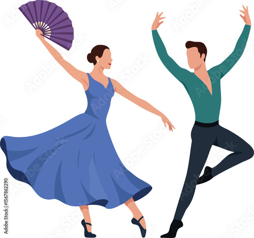 Flamenco dancers performing traditional Spanish dance with fan and dynamic poses vector illustration 