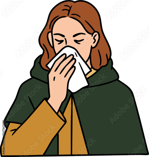 Woman with tissue blowing nose in cold weather vector illustration 
